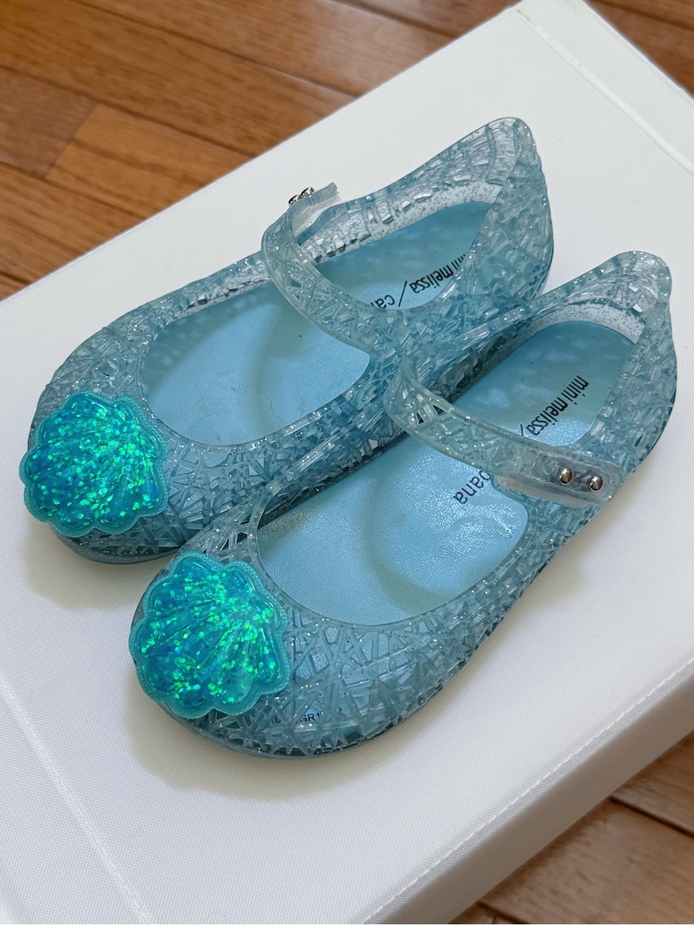 Mini Melissa Light Blue Jelly Mary Janes with Sparkling Aqua Shell